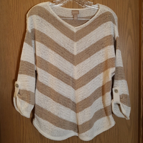 Chico's Sweaters - Chico's White & Tan V-Striped Sweater